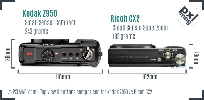 Kodak Z950 vs Ricoh CX2 top view buttons comparison