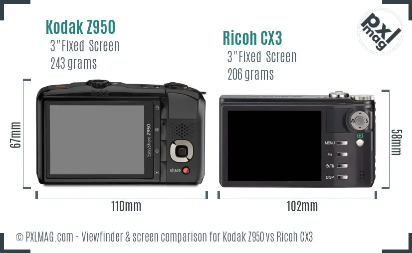 Kodak Z950 vs Ricoh CX3 Screen and Viewfinder comparison