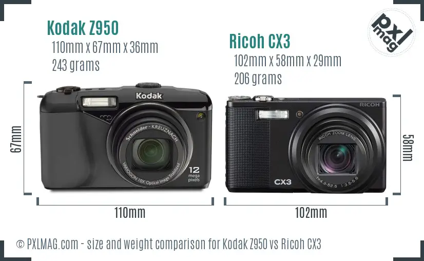 Kodak Z950 vs Ricoh CX3 size comparison