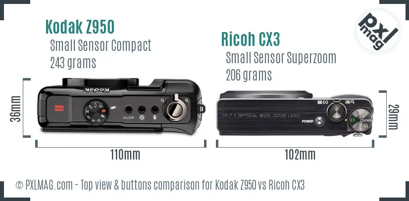 Kodak Z950 vs Ricoh CX3 top view buttons comparison