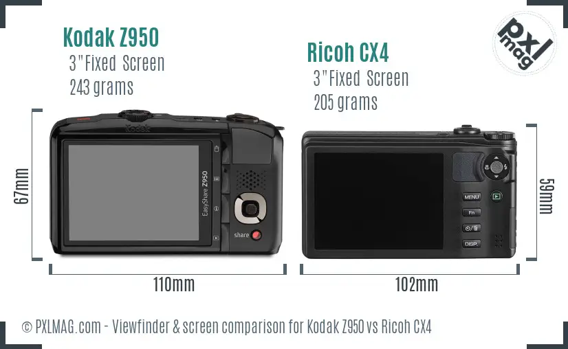 Kodak Z950 vs Ricoh CX4 Screen and Viewfinder comparison