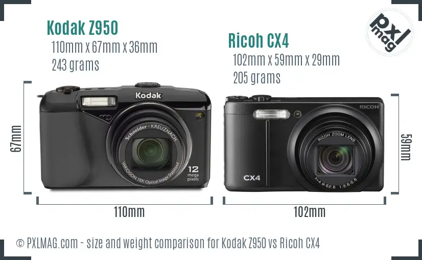 Kodak Z950 vs Ricoh CX4 size comparison