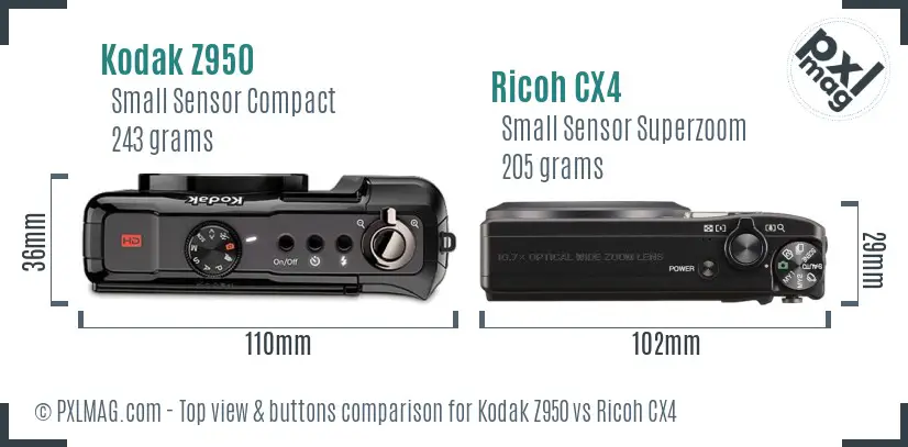 Kodak Z950 vs Ricoh CX4 top view buttons comparison