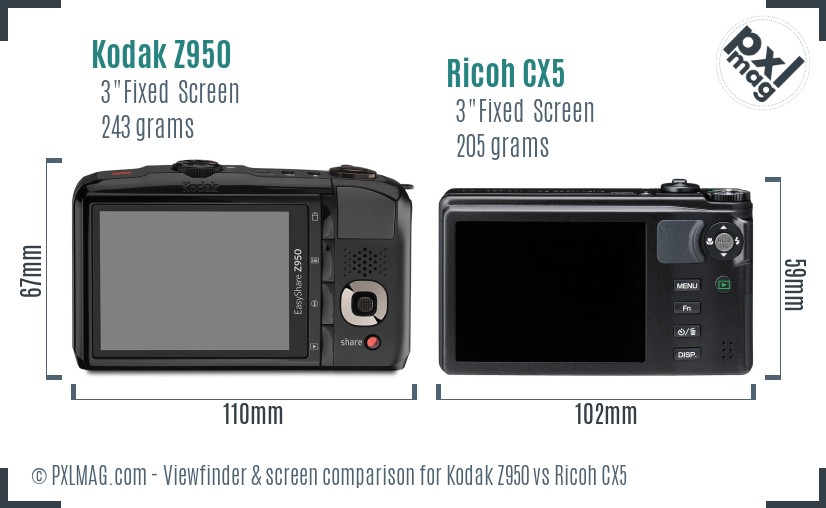 Kodak Z950 vs Ricoh CX5 Screen and Viewfinder comparison