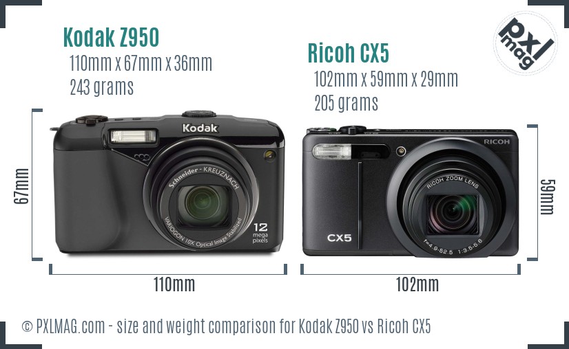 Kodak Z950 vs Ricoh CX5 size comparison