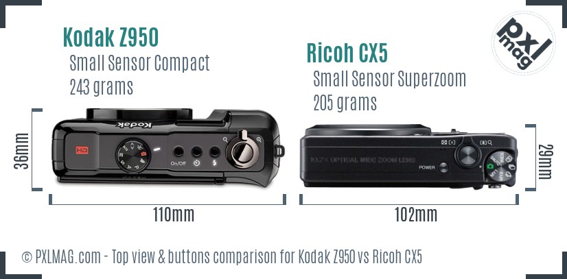 Kodak Z950 vs Ricoh CX5 top view buttons comparison