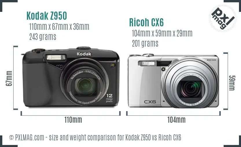 Kodak Z950 vs Ricoh CX6 size comparison