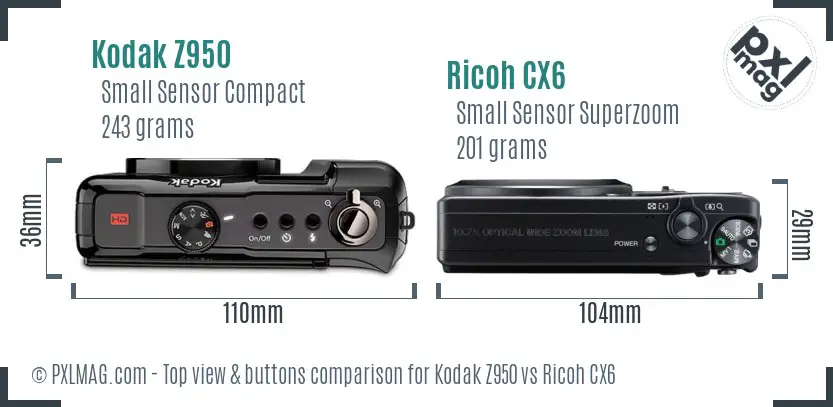 Kodak Z950 vs Ricoh CX6 top view buttons comparison