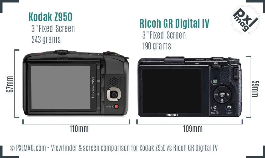 Kodak Z950 vs Ricoh GR Digital IV Screen and Viewfinder comparison