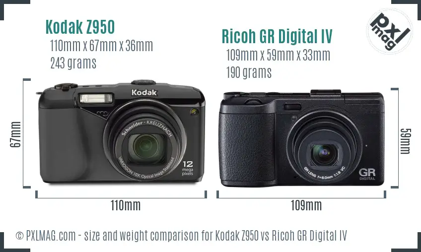Kodak Z950 vs Ricoh GR Digital IV size comparison