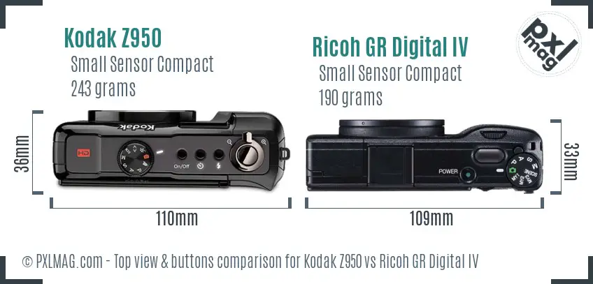 Kodak Z950 vs Ricoh GR Digital IV top view buttons comparison