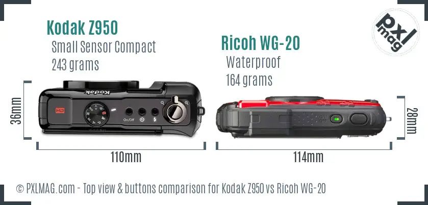 Kodak Z950 vs Ricoh WG-20 top view buttons comparison Kodak Z950 vs Ricoh WG-20 top view buttons comparison
