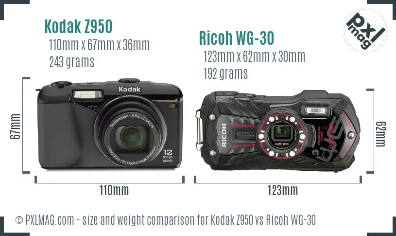 Kodak Z950 vs Ricoh WG-30 size comparison
