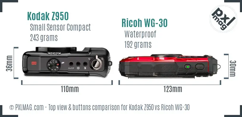 Kodak Z950 vs Ricoh WG-30 top view buttons comparison