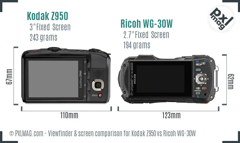Kodak Z950 vs Ricoh WG-30W Screen and Viewfinder comparison