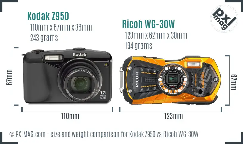 Kodak Z950 vs Ricoh WG-30W size comparison
