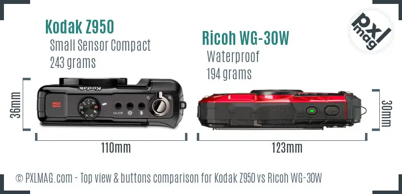 Kodak Z950 vs Ricoh WG-30W top view buttons comparison