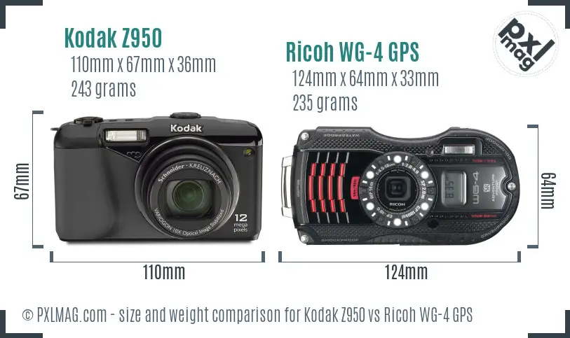 Kodak Z950 vs Ricoh WG-4 GPS size comparison