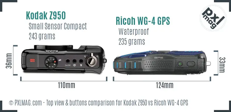 Kodak Z950 vs Ricoh WG-4 GPS top view buttons comparison