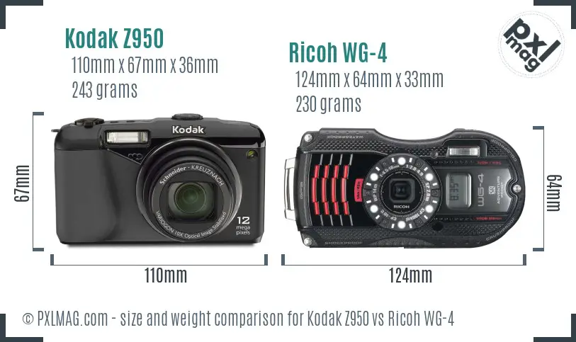 Kodak Z950 vs Ricoh WG-4 size comparison