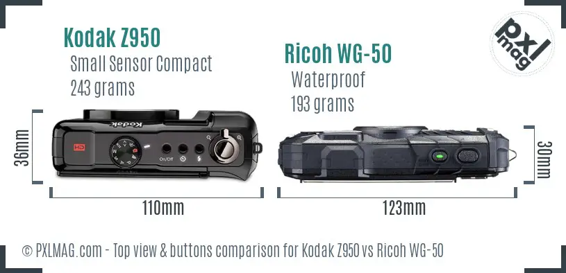 Kodak Z950 vs Ricoh WG-50 top view buttons comparison Kodak Z950 vs Ricoh WG-50 top view buttons comparison
