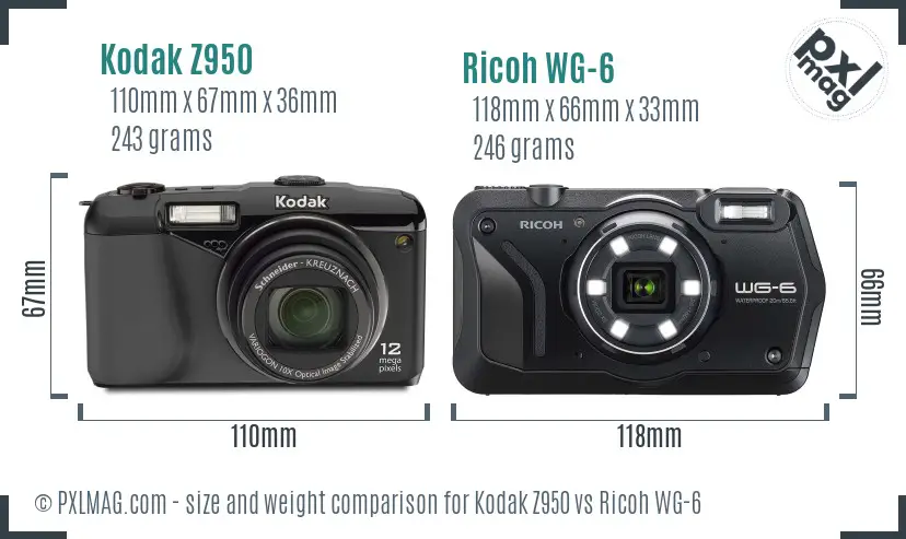 Kodak Z950 vs Ricoh WG-6 size comparison