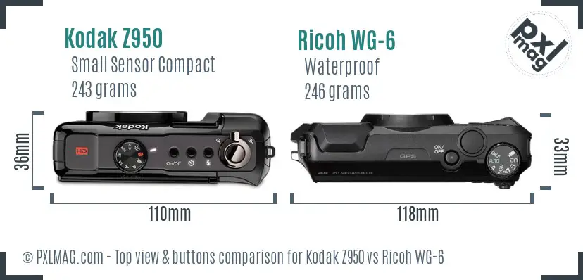 Kodak Z950 vs Ricoh WG-6 top view buttons comparison
