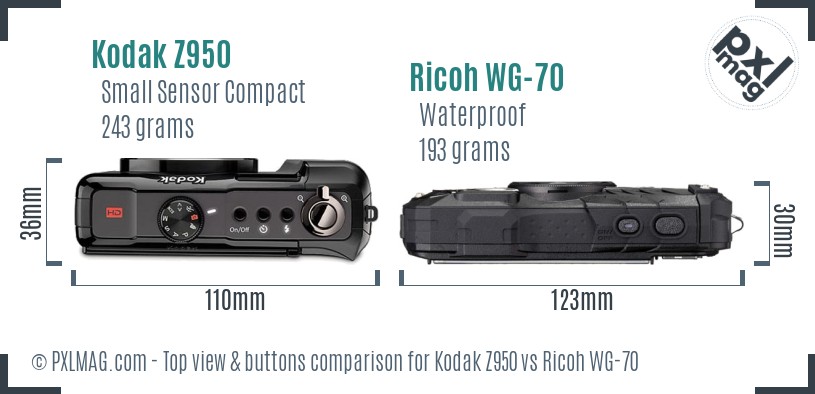 Kodak Z950 vs Ricoh WG-70 top view buttons comparison