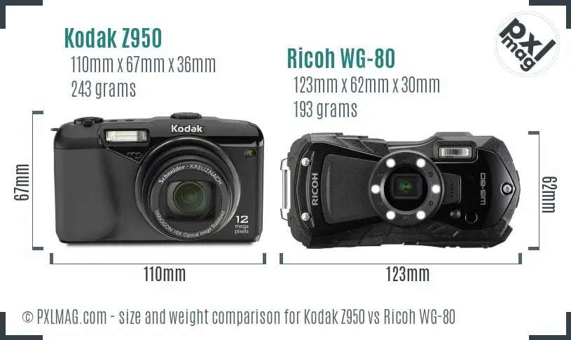 Kodak Z950 vs Ricoh WG-80 size comparison