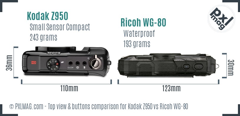 Kodak Z950 vs Ricoh WG-80 top view buttons comparison