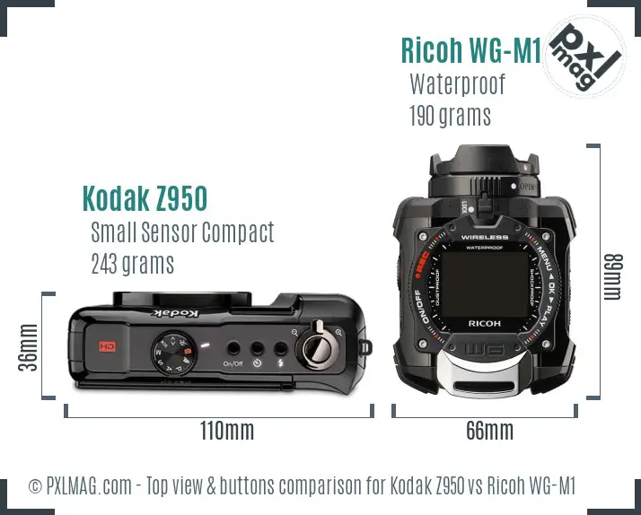 Kodak Z950 vs Ricoh WG-M1 top view buttons comparison