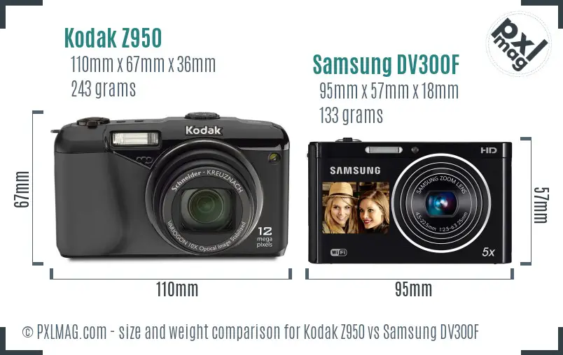 Kodak Z950 vs Samsung DV300F size comparison