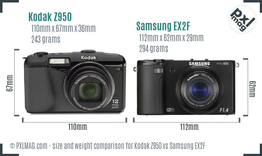 Kodak Z950 vs Samsung EX2F size comparison