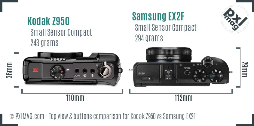 Kodak Z950 vs Samsung EX2F top view buttons comparison