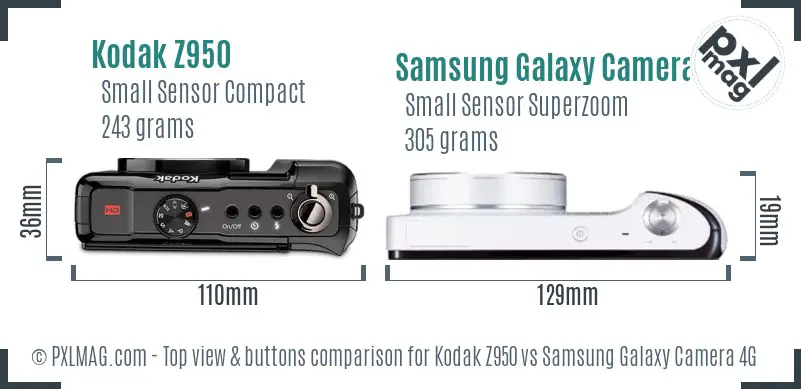 Kodak Z950 vs Samsung Galaxy Camera 4G top view buttons comparison Kodak Z950 vs Samsung Galaxy Camera 4G top view buttons comparison