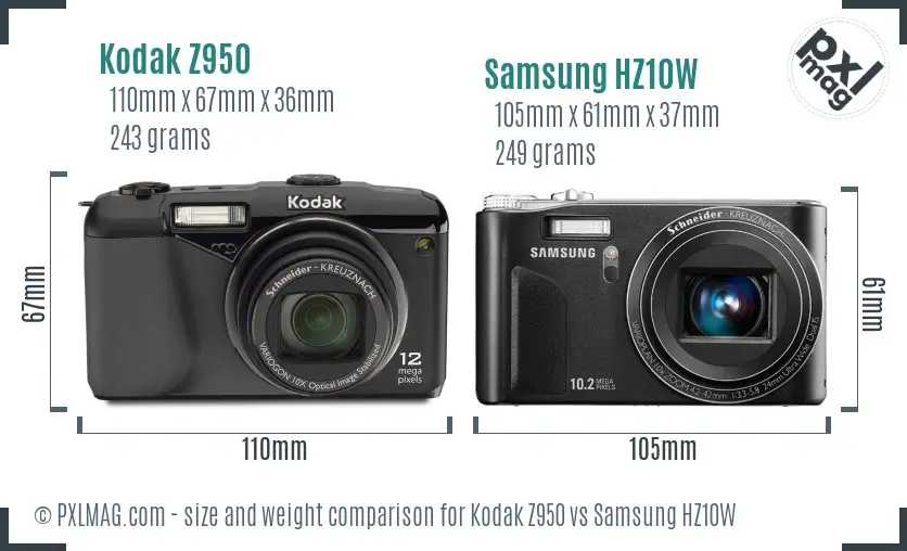 Kodak Z950 vs Samsung HZ10W size comparison