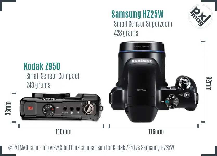 Kodak Z950 vs Samsung HZ25W top view buttons comparison Kodak Z950 vs Samsung HZ25W top view buttons comparison