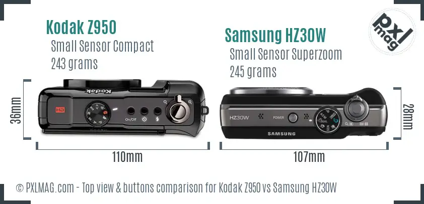 Kodak Z950 vs Samsung HZ30W top view buttons comparison