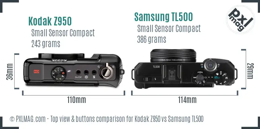 Kodak Z950 vs Samsung TL500 top view buttons comparison