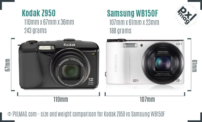 Kodak Z950 vs Samsung WB150F size comparison