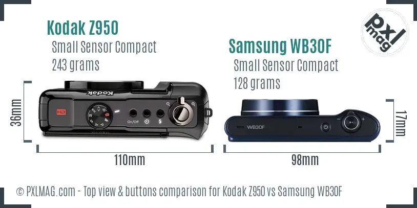 Kodak Z950 vs Samsung WB30F top view buttons comparison Kodak Z950 vs Samsung WB30F top view buttons comparison