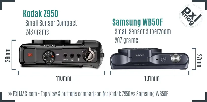 Kodak Z950 vs Samsung WB50F top view buttons comparison Kodak Z950 vs Samsung WB50F top view buttons comparison