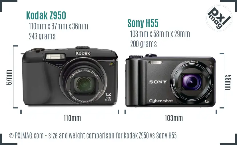 Kodak Z950 vs Sony H55 size comparison