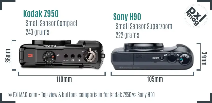 Kodak Z950 vs Sony H90 top view buttons comparison Kodak Z950 vs Sony H90 top view buttons comparison