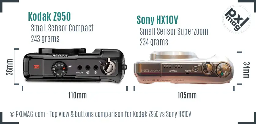 Kodak Z950 vs Sony HX10V top view buttons comparison