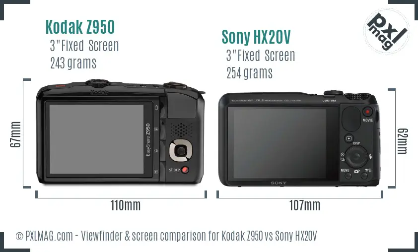 Kodak Z950 vs Sony HX20V Screen and Viewfinder comparison
