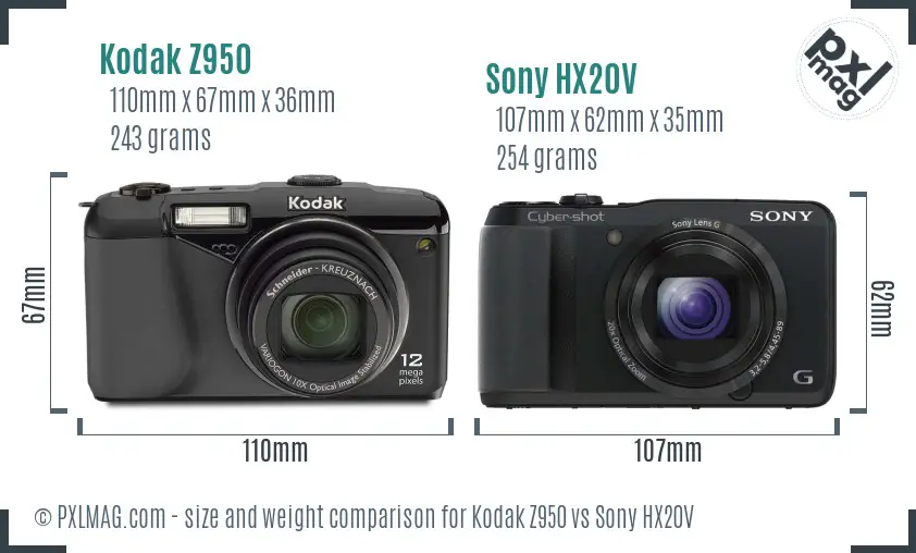 Kodak Z950 vs Sony HX20V size comparison