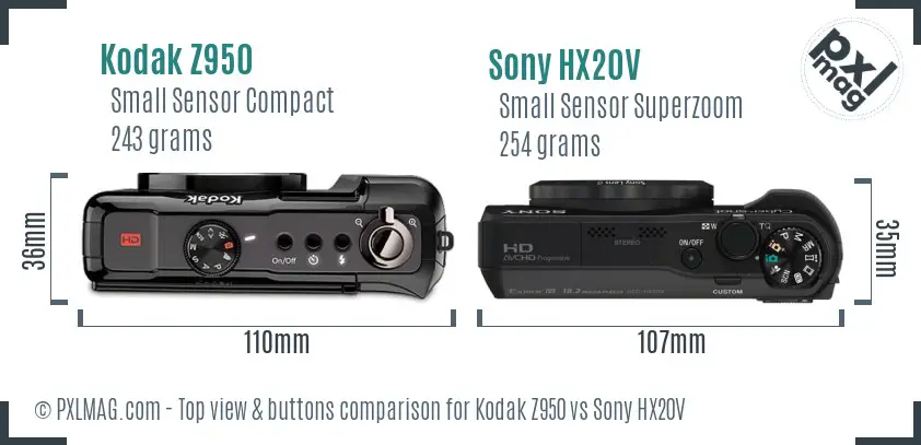 Kodak Z950 vs Sony HX20V top view buttons comparison