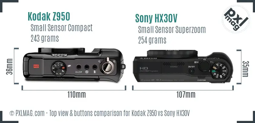 Kodak Z950 vs Sony HX30V top view buttons comparison Kodak Z950 vs Sony HX30V top view buttons comparison