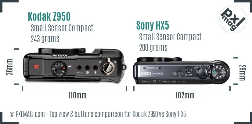 Kodak Z950 vs Sony HX5 top view buttons comparison Kodak Z950 vs Sony HX5 top view buttons comparison